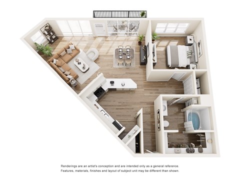 A top-down view of a modern, well-furnished apartment.